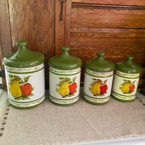 Vtg Metal Canisters Set of 4 Avocado Green Plastic Lids Fruit Pear Apple READ